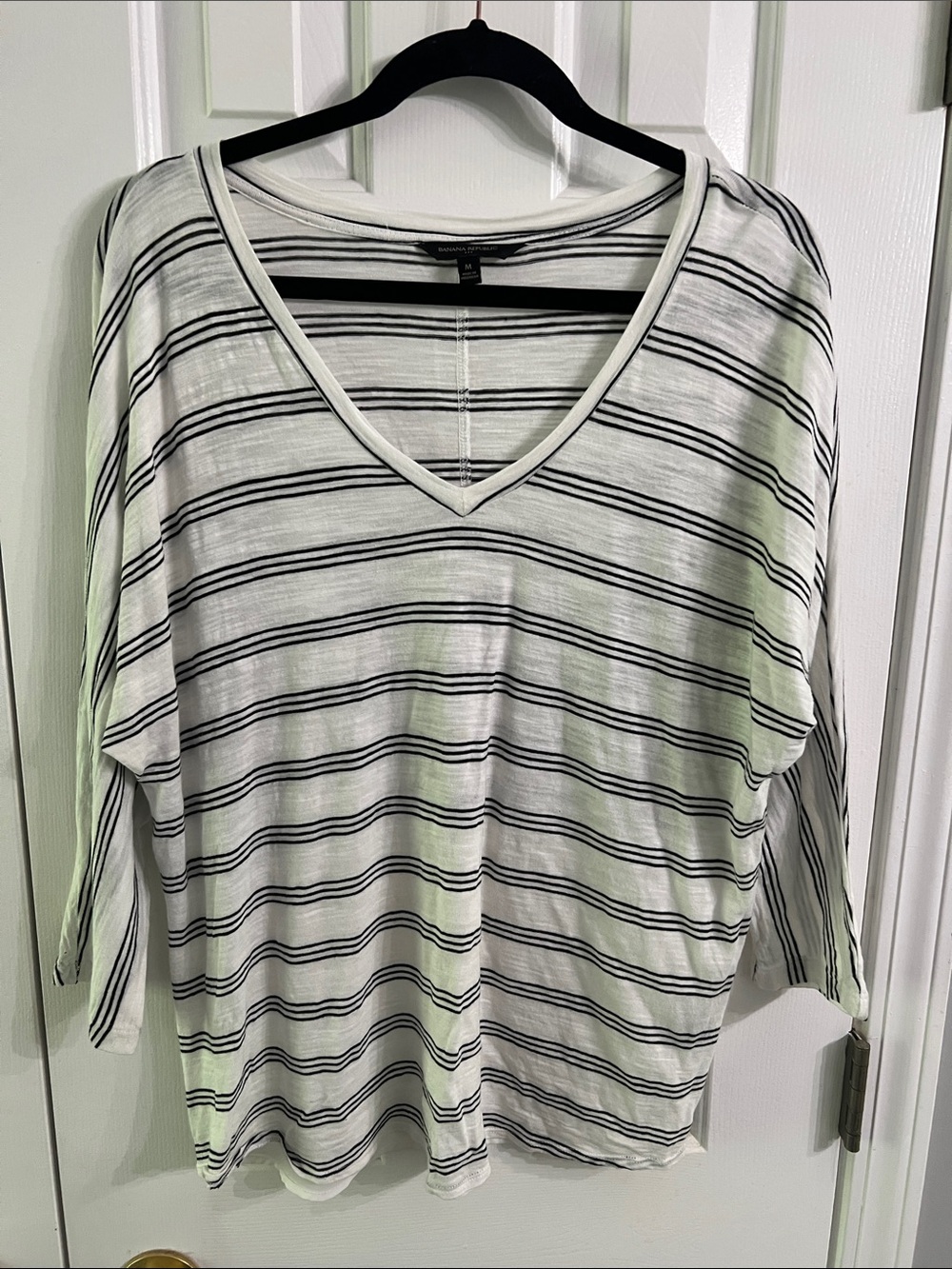 Banana Republic White and Black Striped V-Neck Long Sleeve Top